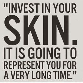 Light pink box with dark grey text saying “INVEST IN YOUR SKIN. IT IS GOING TO REPRESENT YOU FOR A VERY LONG TIME”