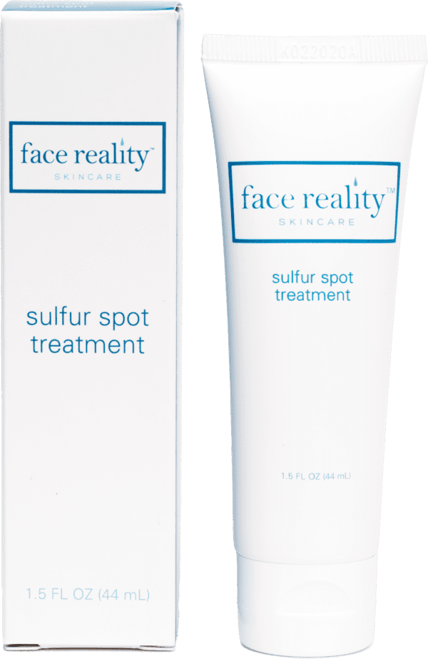 Box packaging and 44ml squeeze bottle of Face Reality Skincare sulfur spot treatment