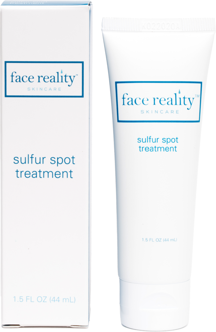 Box packaging and 44ml squeeze bottle of Face Reality Skincare sulfur spot treatment